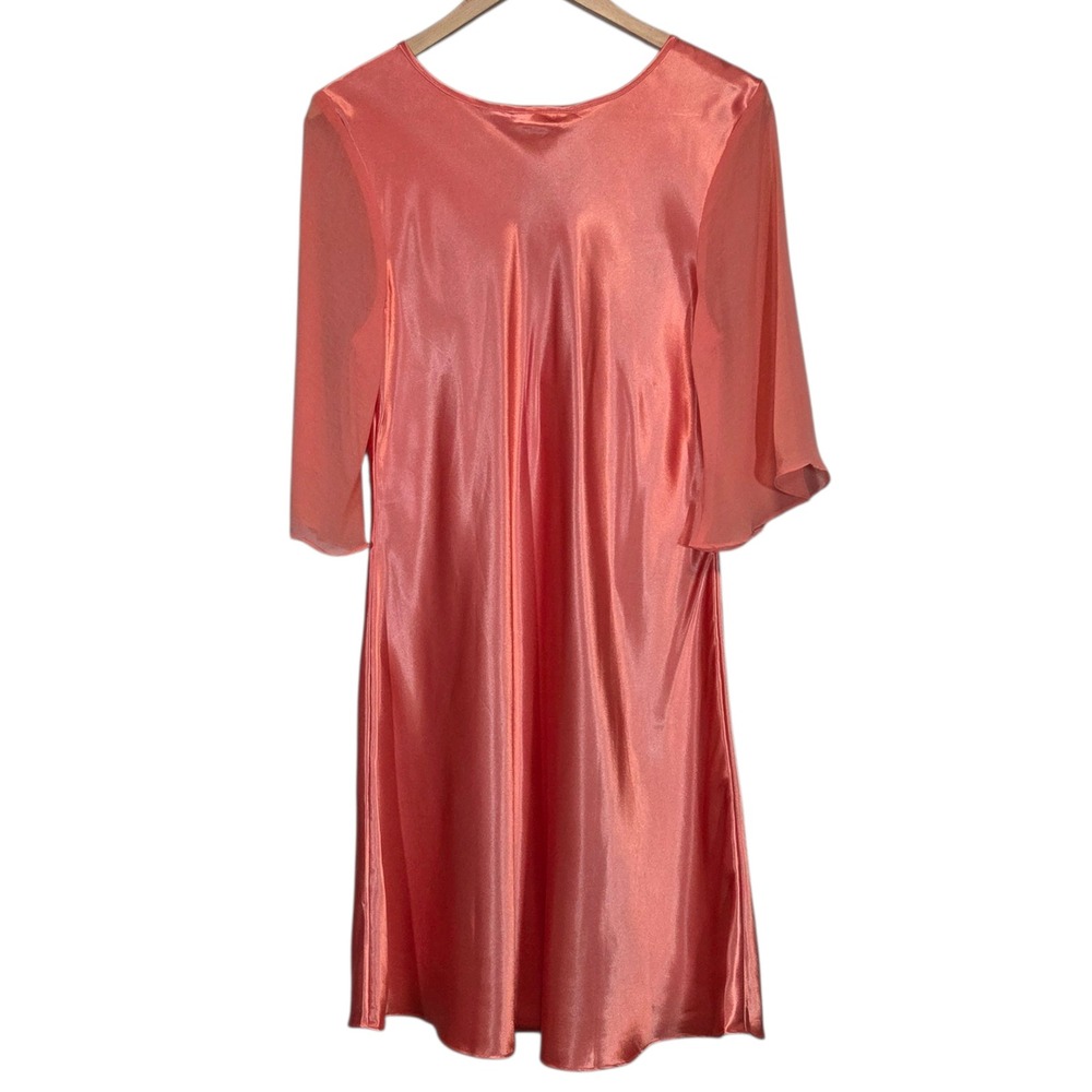 Embroidered Satin Dress Womens Large Coral Faux Wrap Romantic Fairy Regencycore - Picture 3 of 13